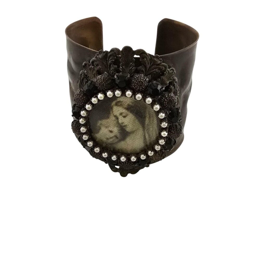 Vintage Bronzy Metal Cuff Bracelet With Madonna & Child Image (A504)